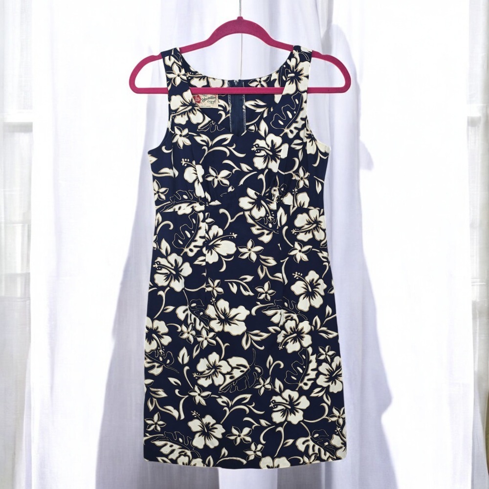 Hilo Hattie Hawaiian Dress‎ Floral Sleeveless Sun Dress Navy Blue Woman Size 6